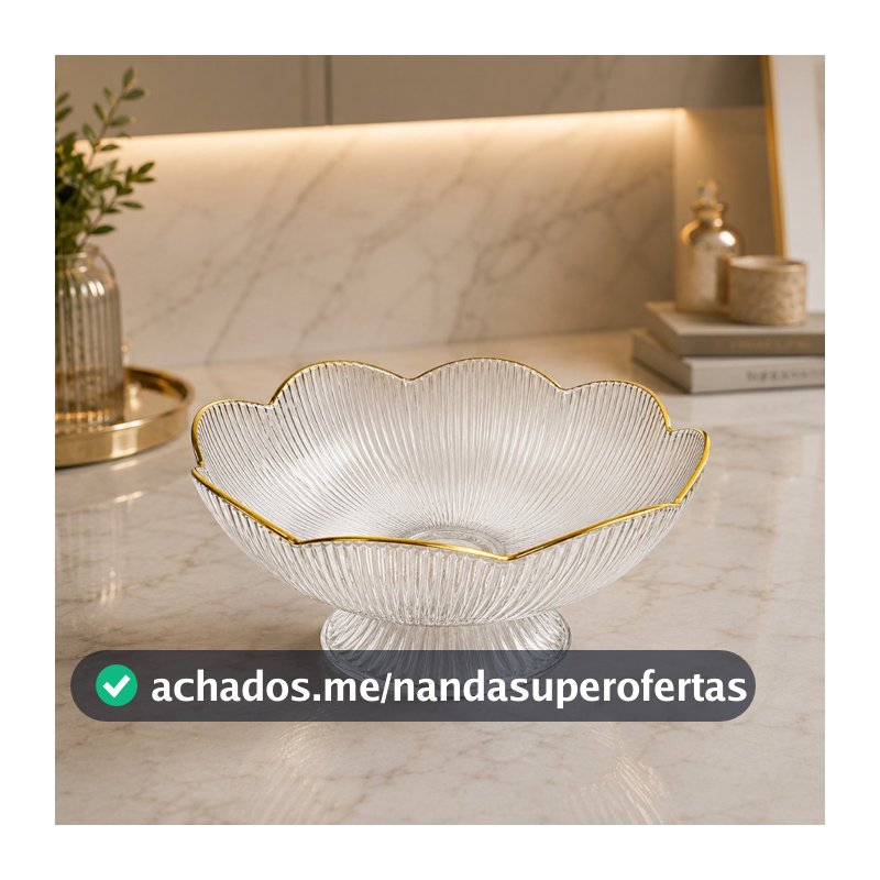 Fruteira Centro De Mesa Transparente Com Borda Dourada Luxo