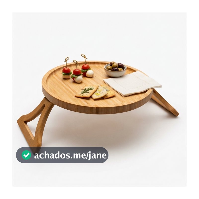 Bandeja Lyor de Bambu Dobrável para Braço de Sofá 25cm Suporte Flexível para Copos e Pratos na Sala Prática e Resistente