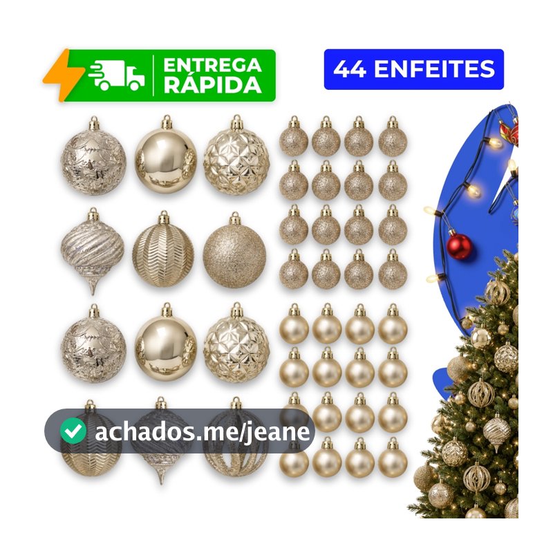 Kit 44 Bolas de Natal Premium Dourado Champagne 6/3cm Enfeites Árvore Fosca Brilhante Glitter Sortidas