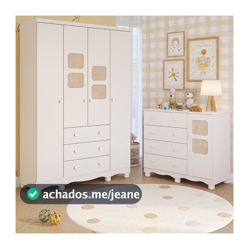Quarto de Bebê Completo Guarda Roupas 4 Portas Cômoda 1 Porta 4 Gavetas 100% MDF Telinha