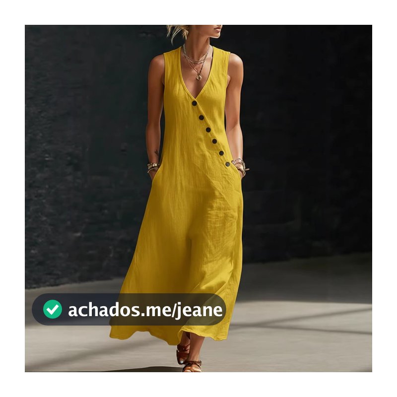 Vestido Feminino Casual De Algodão E Linho , Simples Sem Mangas De Verão Maxi Solto Com Decote Em V
