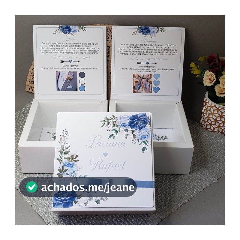 Caixa convite padrinhos de casamento personalizada azul serenity 14x14x6cm