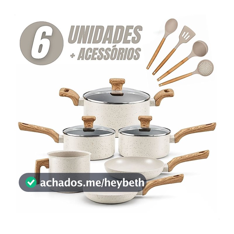 Jogo de Panelas 6 Peças Antiaderentes com Tampa de Vidro Temperada com 4 Utensílios de Cozinha