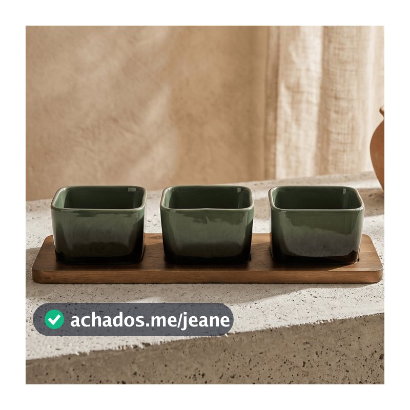 Conjunto 3 Petisqueira Base Madeira em Cerâmica 3 Bowls Quadrados Verde Dêgrade 17x9x6cm Luxo Servir
