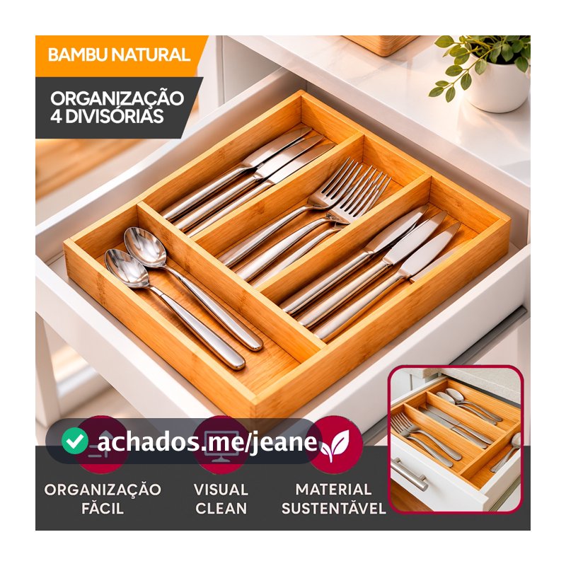 Porta Talheres de Bambu 4 Divisórias Organizador de Gaveta Cozinha Premium
