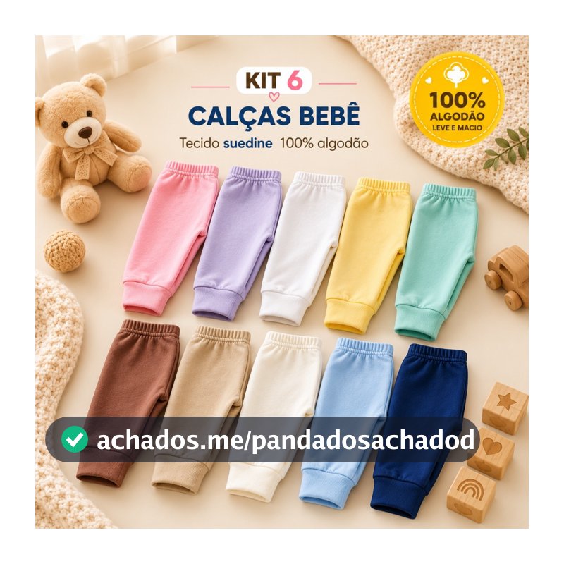 Kit 6 Calças Mijão Culote Bebê Suedine Virá Pé 100% Algodão Menino Menina Confortável Enxoval Rn Recem Nascido