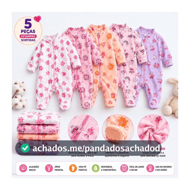 5 Macacões Bebê Estampado Vira Pé com Zíper Menina 100% Algodão