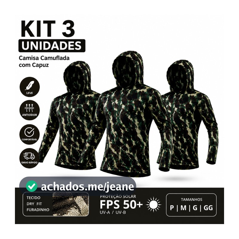 Kit 3 Camisas Térmica Camuflada Com Capuz UV 50 Proteção Solar Segunda Pele Manga Longa Esporte Antiodor Militar Pesca
