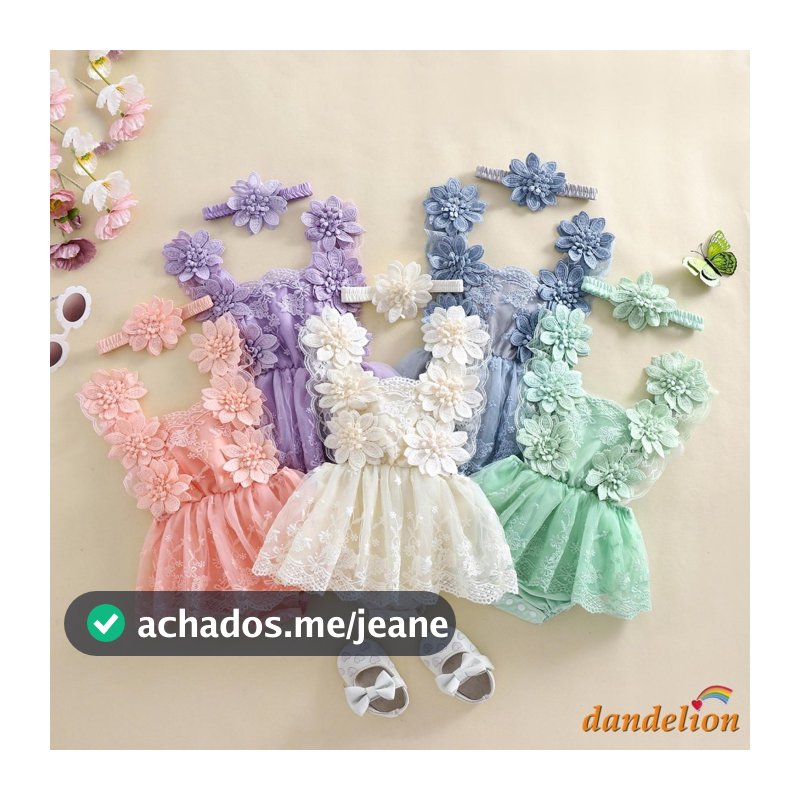 Roupa De Bebê Menina /Bordado De Flor Macacão Vestido De Malha + Fita De Cabeça De Arco Recém Nascido De Verão Romper