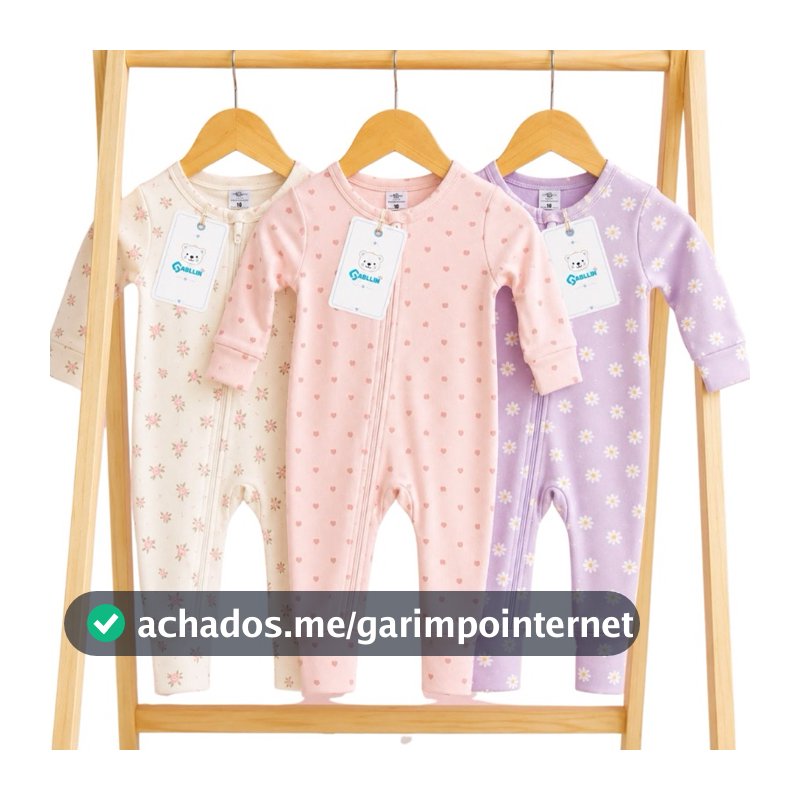 Kit 3 Macacões Bebê Infantil 100% Algodão para Menina Macacão com Zíper Vira Pé