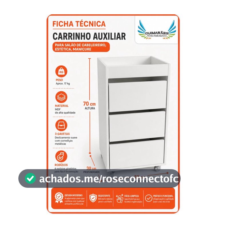 Carrinho auxiliar 3 Gavetas 100%MDF, Enviamos Montado,  Envio rapido Gaveteiro 3 gavetas