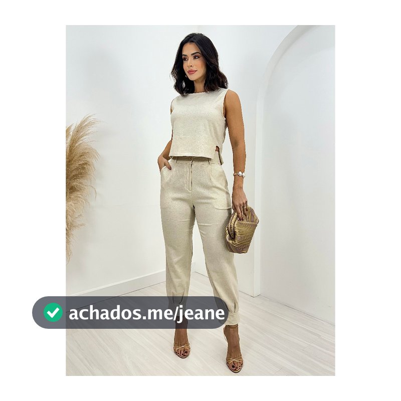Conjunto Alfaiataria Feminino Advogada LINHO Calça Com Punho + Regata Com Detalhe Na Lateral