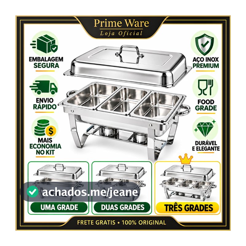 Rechaud Inox 12L 3 Cubas Banho Maria para Buffet Profissional