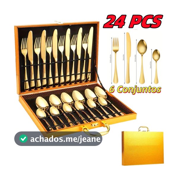 Jogo Talheres 24 Peças Faqueiro Dourado Aço Inox Premium Luxo cozinha Com Maleta