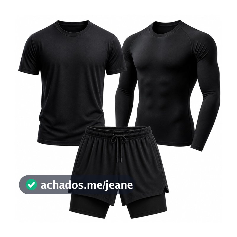 Kit Masculino 3 Peças – Camiseta Dry Fit + Camiseta Manga Longa UV + Bermuda 2 em 1 Compressão, Academia, Corrida