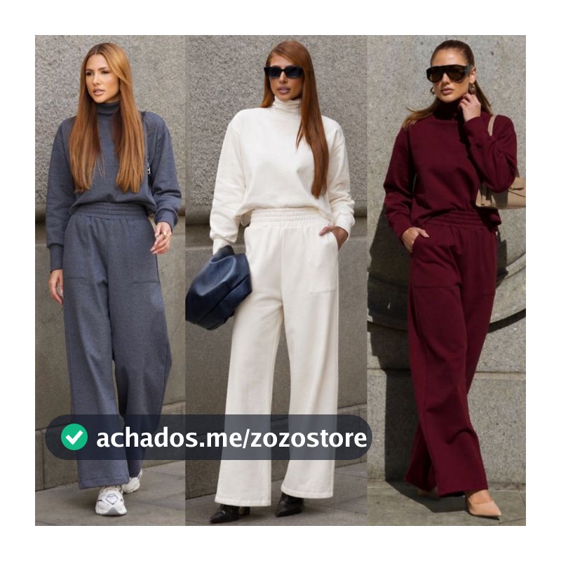 Conjunto Moletom Flanelado Premium Feminino Calça Pantalona Blusa Gola Alta Elegante