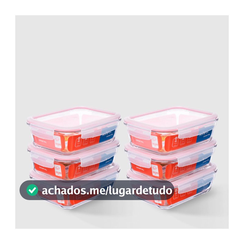 Kit com 6 Potes de Vidro Herméticos Retangulares 1,5L Invicta