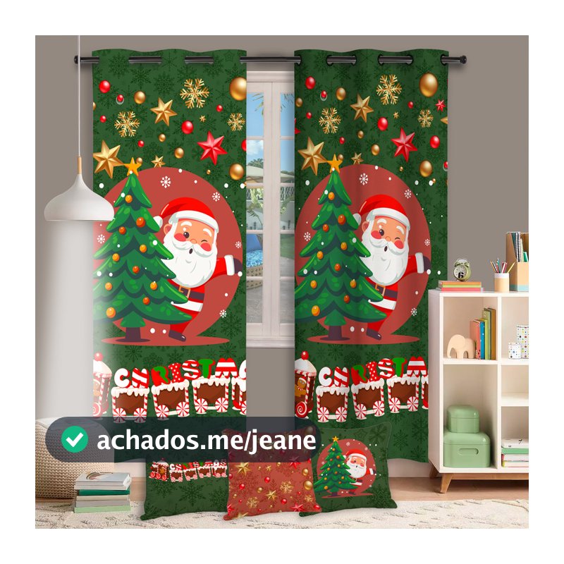 Cortina Papai Noel Natal Infantil Com Trio Capas De Almofada Decorativa Verde e Vermelha