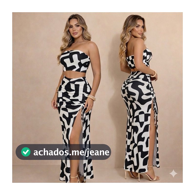 Conjunto Empina  Bumbum  Longo Feminino Estampado Saia com Fenda Lateral e Top Cropped
