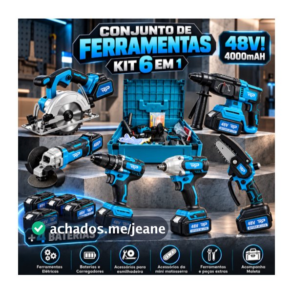 Kit 6 Ferramentas com Furadeira Parafusadeira Martelete Chave de Impacto Esmerilhadeira Serra 48v