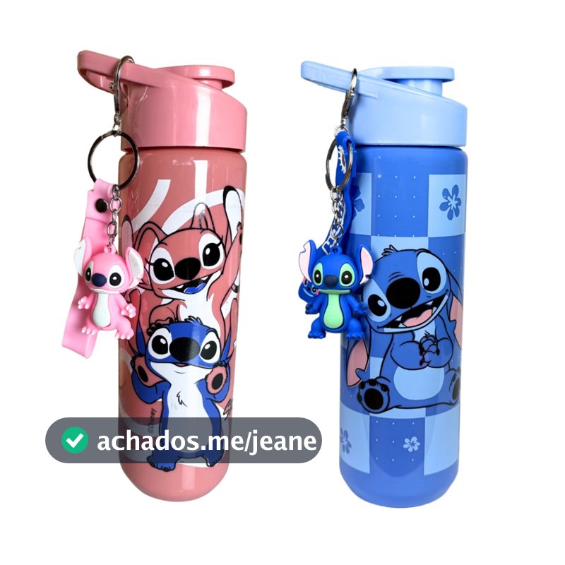 Garrafinha Infantil 700ml licenciado Stitch, Homem-Aranha e Disney + Chaveiro | Com Alça | Escolar Resistente BPA Free