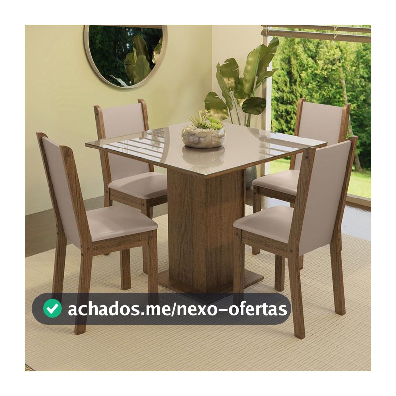 Conjunto Sala de Jantar Mesa Tampo de Vidro 4 Cadeiras Rustic/Crema/Bege Tifani Madesa