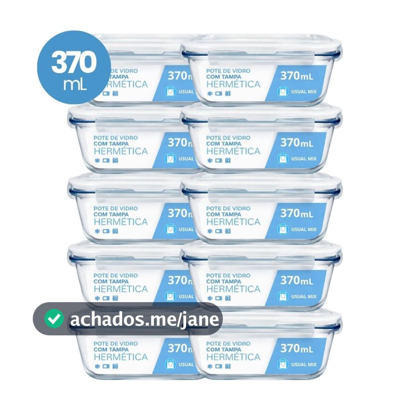 Kit 10 Pote Vidro Hermético Marmita 370ml Micro-ondas Freezer Forno Organização Geladeira