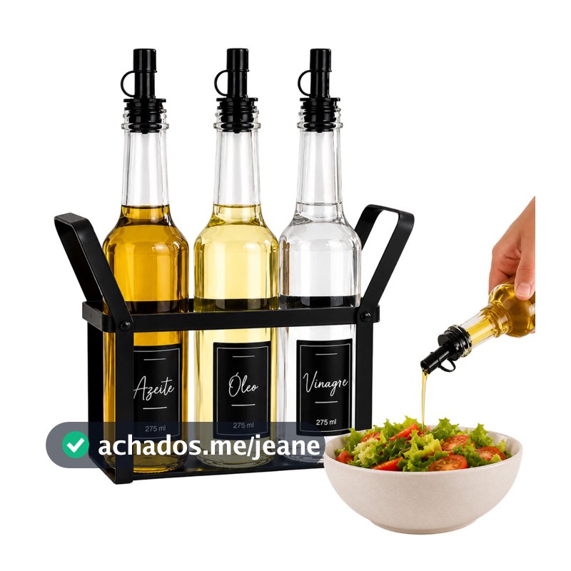 Galheteiro Porta Azeite Vidro 3 Potes Vinagre Azeiteite óleo + etiquetas