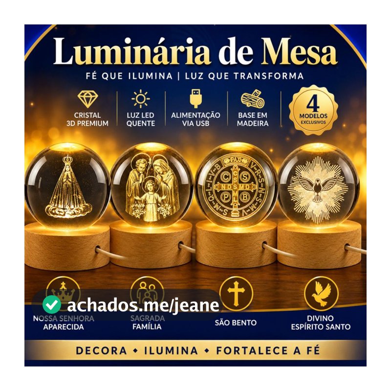 Luminária Mesa Bola de Cristal Catolica Base Madeira Bivolt com Luz LED 3d Decorativa
