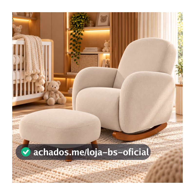 Poltrona Balanço Luxo Orgânica Boucle Bege ou Cinza com Puff para Sala Moderna