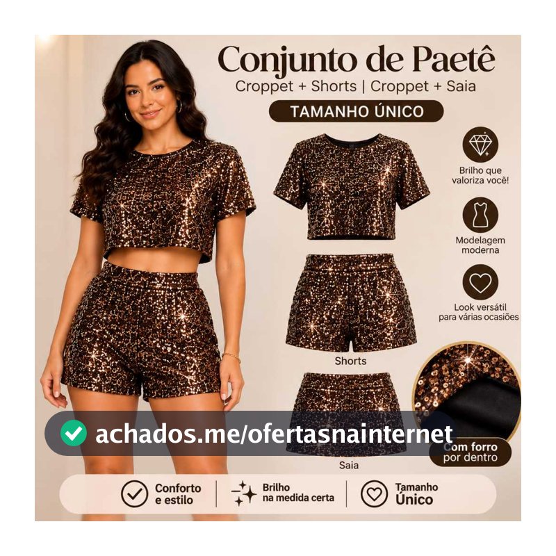 Conjunto de paetê preto com dourado croopet+short ou croopet+saia forrado confortável moda Balada blogueira festas