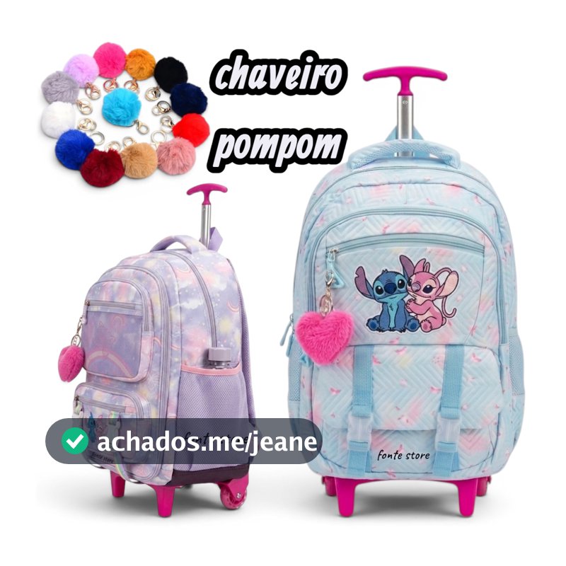 Promoção Mochila Escolar de rodinhas com chaveiro pompom