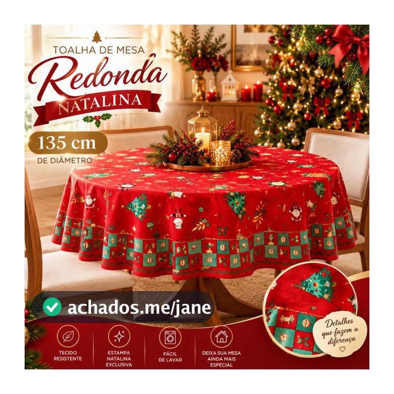 Toalha de Mesa Redonda 4 Lugares Natal Feliz 135cm