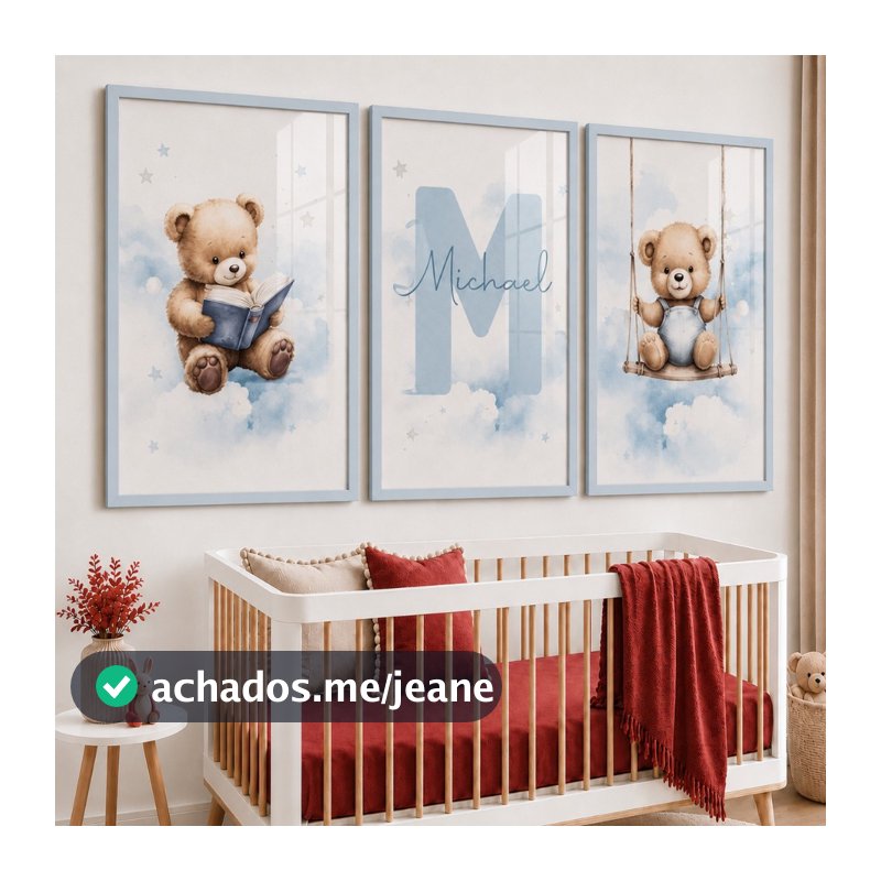 Kit 3 Quadros Infantil Ursinho Personalizado Com Nome Decoração Quarto Bebê Menino Azul