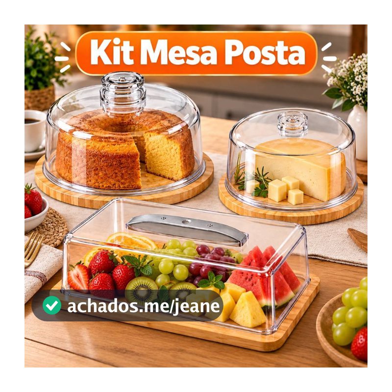 Kit Mesa Posta Porta Bolo Porta Queijo Tábua de Servir com Cúpula Acrílica e Base de Madeira Pinus