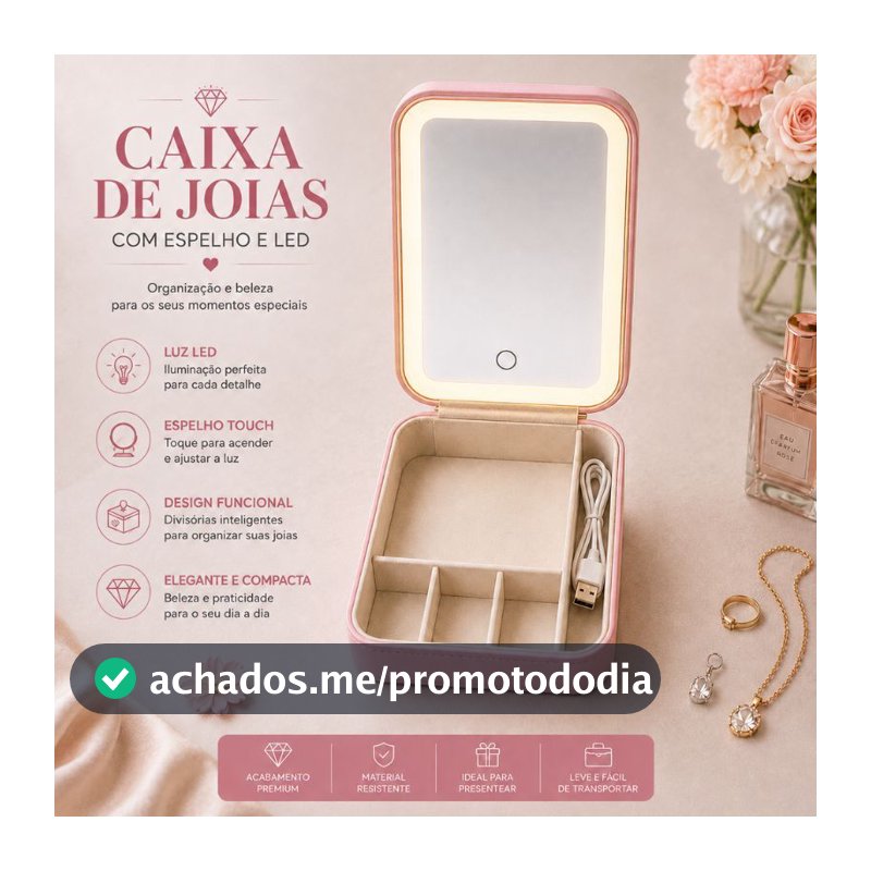 Caixa Porta Joias Luxo com Espelho LED USB Recarregável Organizador de Bijuterias 4 Divisórias