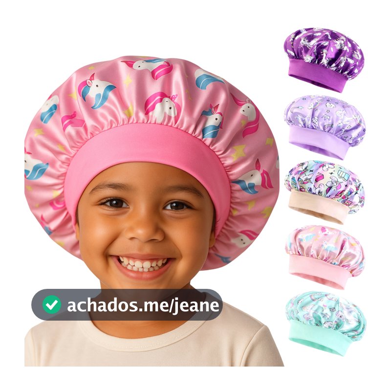 Touca de Cetim Infantil Antifrizz Unicórnio com Faixa Macia Confortável para Dormir
