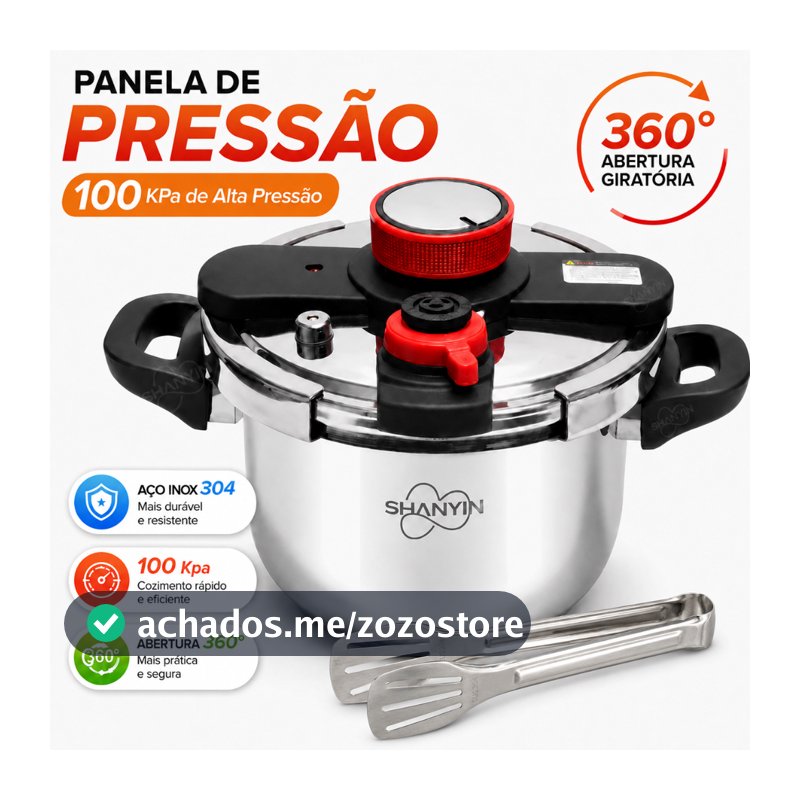 Panela de Pressão Inox 304 6 e 10 Litros 100kPa Cozinha Rápida para Indução e Gás com Pinça para alimentos Inox