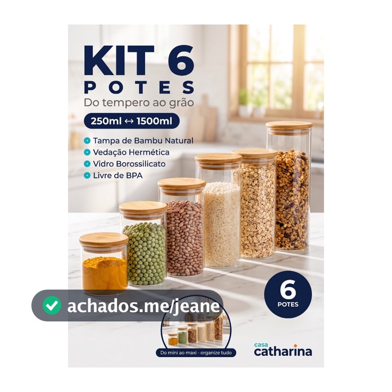 Kit Completo 6 Pote de Vidro Hermetico Tampa Madeira Bambu Organizador de Cozinha