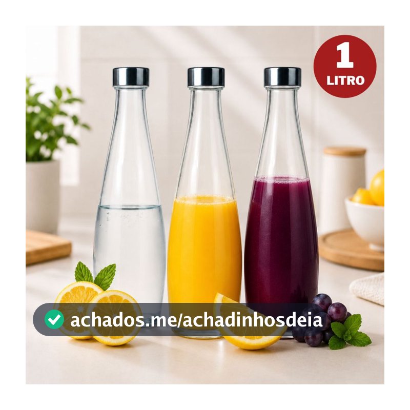 Garrafa de Vidro 1 Litro Tampa Inox Para Água Suco Chá Geladeira Jarra Fechamento Hermético