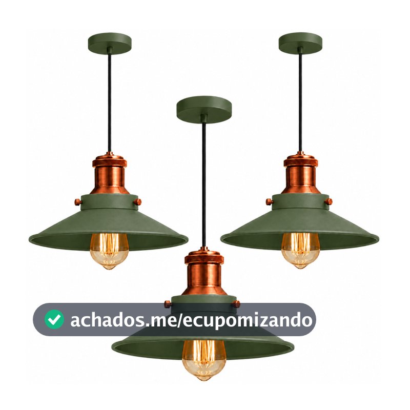 Pendente Lustre Kit 3 Nordic 22cm Verde com Cobre  Retrô Industrial Loft