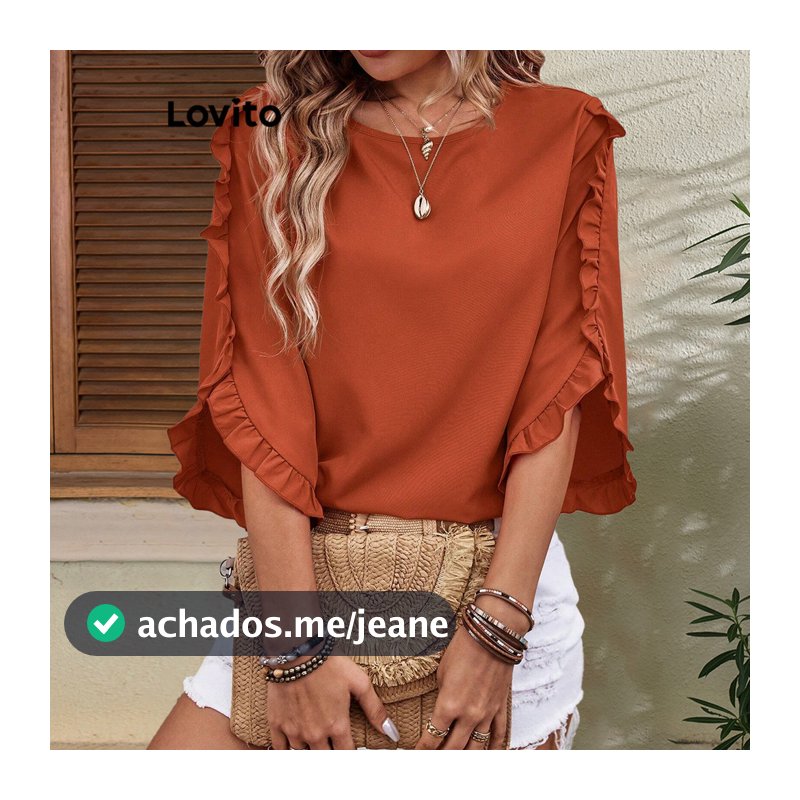 Lovito Blusa Casual Blusa Lisa Com Acabamento Ondulado Com Babados Para Mulheres LBL17078