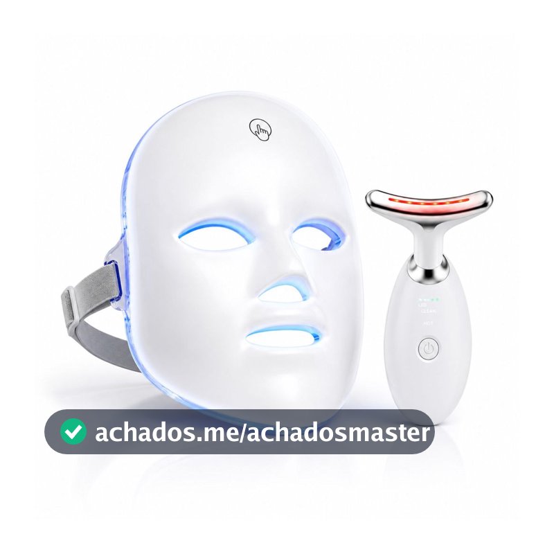 Máscara LED 7 Cores Fototerapia 90 LEDs Com Massageador Facial LED Vibratório para Rosto e Pescoço, Sem Fio USB