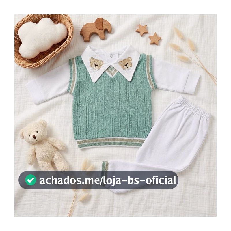 Conjunto Pagão Suéter Gola Bordada Bebê | Suéter + Body + Calça | Masculino | Tamanho Único RN
