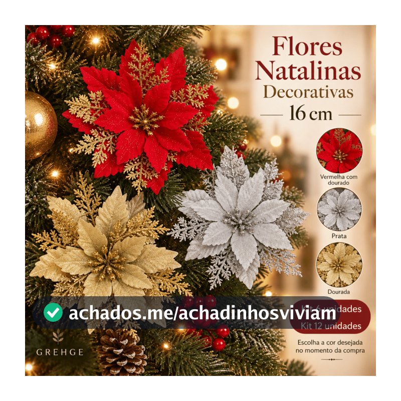 Kit Flores Natalina Decorativa 16cm com Glitter Enfeite para Árvore de Natal Flor Poinsettia