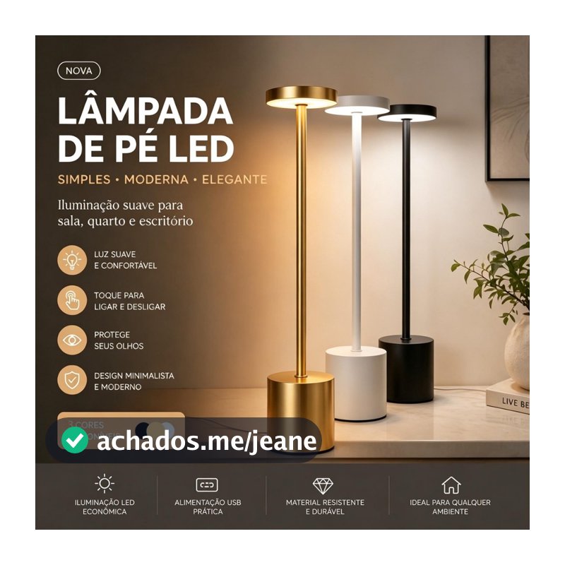 Luminária de Mesa Abajur Cabeceira Escrivaninha LED 3 em 1 Recarregável Tipo C Preto Cromado Dourado