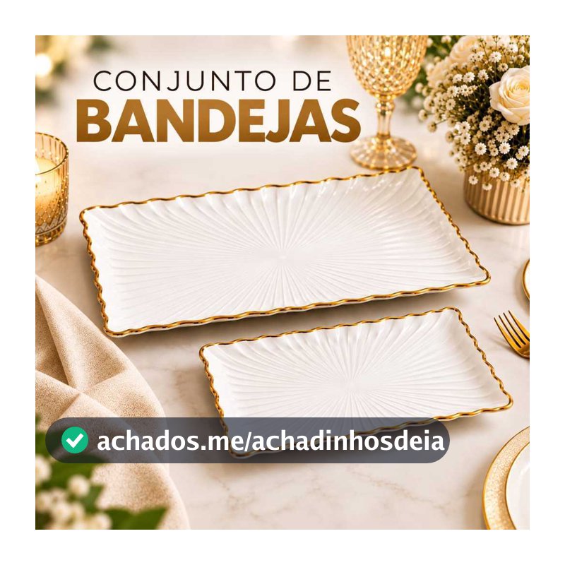 Kit 2 Bandejas Decorativas Brancas com Borda Dourada para Servir Doces, Petiscos, Frutas e Decorar Mesa de Jantar e Casa