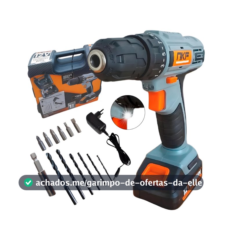 Parafusadeira Furadeira Sem Fio 12V Com Maleta Bateria Brocas e 13 Acessórios FP12X NKF