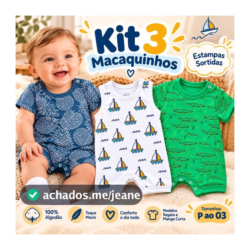Kit 3 Macaquinhos Bebê Verão 100% Algodão Estampados Infantil Menino e Menina