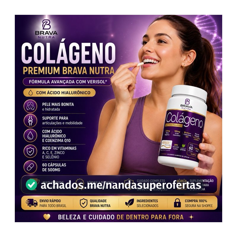 Colágeno Hidrolisado + Ácido Hialurônico e Biotina Brava Nutra | 60 Cápsulas | Envio Imediato